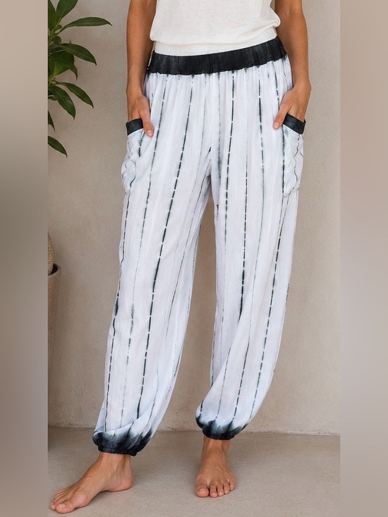 Ipanima Pants - Ipanima Tie-Dye Harem Joggers w/Cargo Pockets - White & Black Stripe Sz S/M
